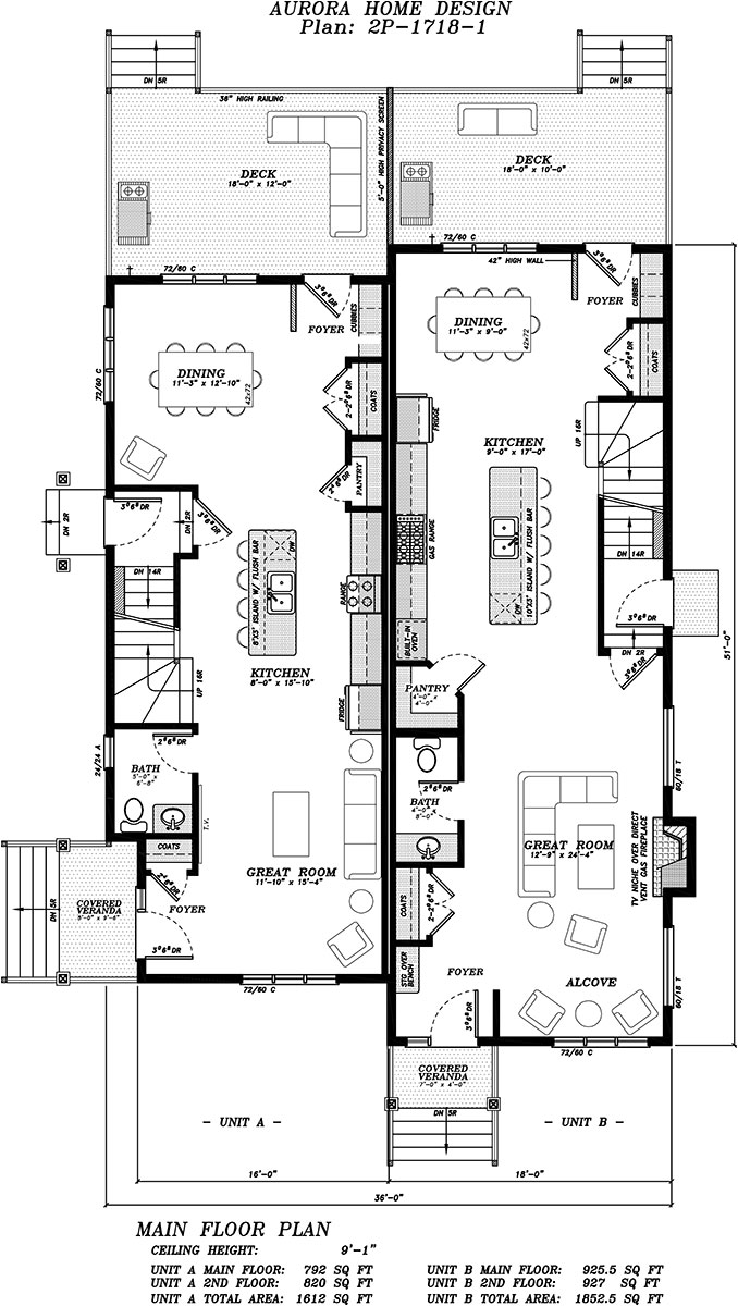 1612 sq ft (left) & 1853 sq ft (right) Duplex with basement suite | Aurora Home Designs